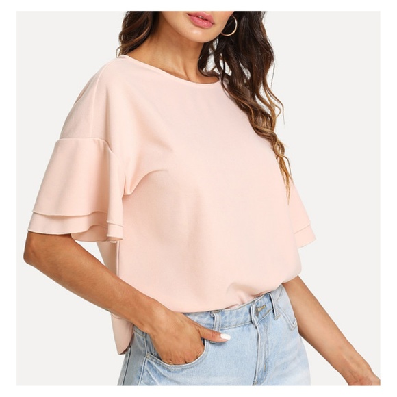 Light Pink Layered Sleeve Solid Blouse - Picture 2 of 4